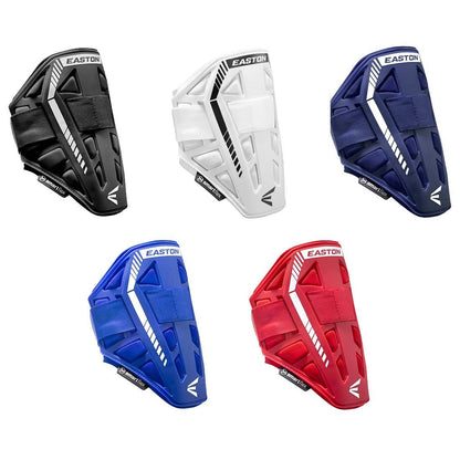 Five Easton Compact Batter Elbow Guards: ES37 in black, white, navy blue, royal blue, and red—each with a hard protective shell and adjustable straps for secure fit—essential Easton batter protection.