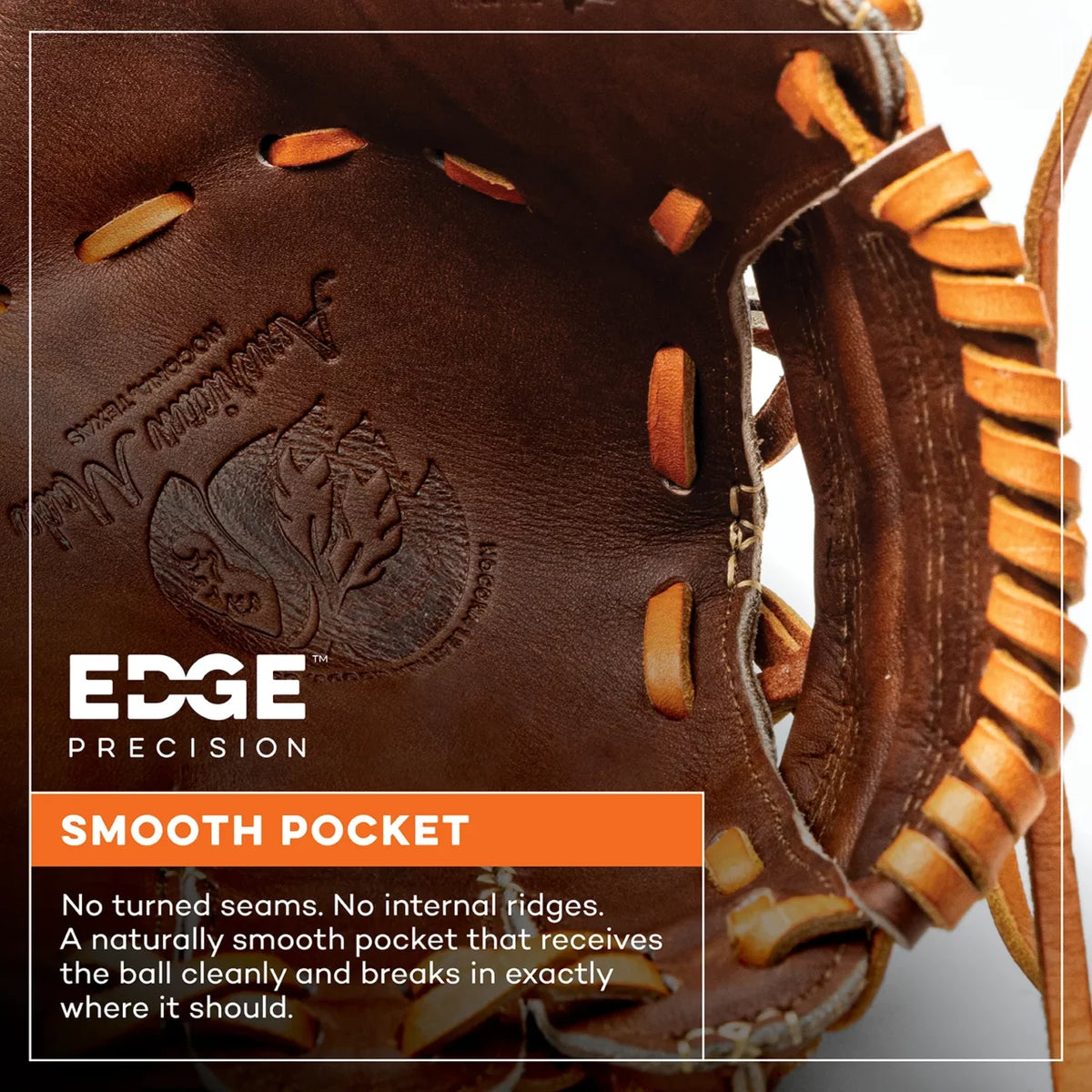 Close-up of the palm of a Nokona Walnut EP 11.5″ Baseball Glove: W-EP1150 featuring an embossed logo, with overlaid text reading EDGE PRECISION and SMOOTH POCKET alongside a description of the pocket design.