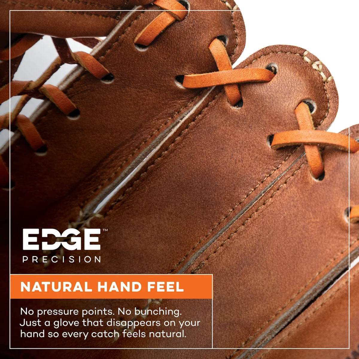 Close-up of a Nokona Walnut EP 11.5″ Baseball Glove: W-EP1150 showing lacing detail, edge precision, and a natural feel that prevents bunching for a comfortable, handcrafted fit.