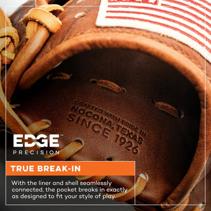 Nokona Walnut EP 11.5″ Baseball Glove: W-EP1150 in brown leather, featuring an American flag patch and a debossed logo reading Crafted with pride in Nocona, Texas since 1926.