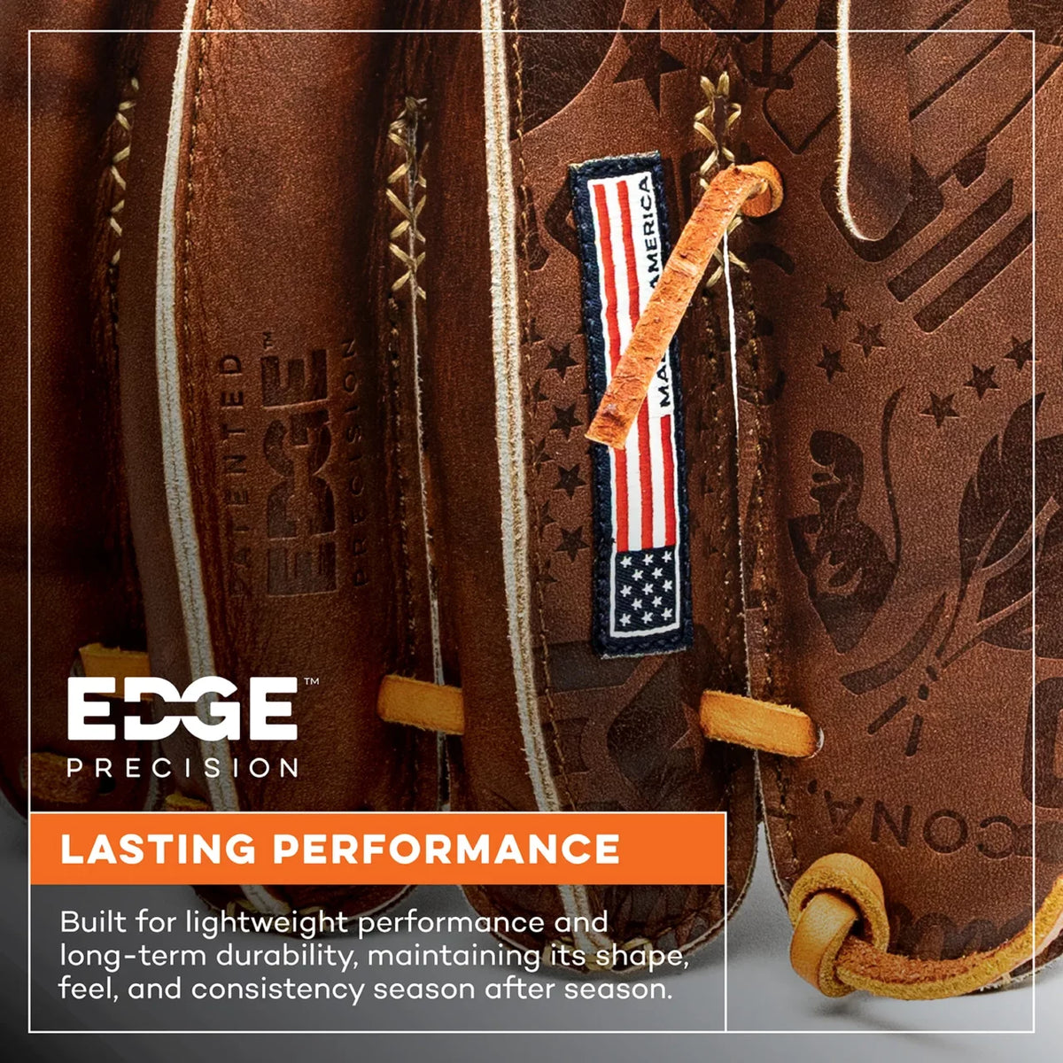 Close-up of a handcrafted Nokona Walnut EP 11.5″ Baseball Glove: W-EP1150, featuring a vertical United States flag patch on the webbing and a logo reading EDGE PRECISION.