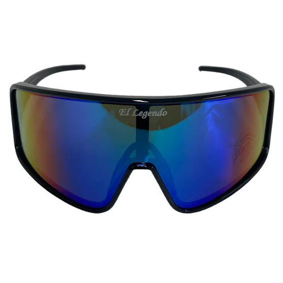 Front view of Akadema El Legendo Sunglasses (ELLEGENDO) with black frames, large curved reflective blue UV400 lenses, and “El Legendo” printed at the top center.