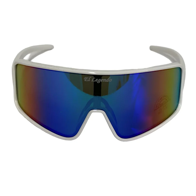 Akadema El Legendo Sunglasses (ELLEGENDO) feature a white frame, large reflective rainbow-tinted lenses with "El Legendo" printed at the top center, and provide stylish UV400 protection and clarity.