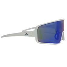 Akadema El Legendo Sunglasses (ELLEGENDO) by Akadema feature a thick white frame with blue mirrored, UV400 polarized lenses. A small triangular logo appears on the arm, as shown from a side angle.