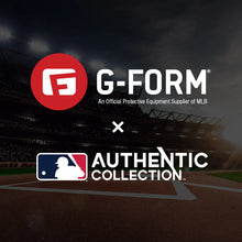 The G-Form Alpha Batter's Elbow Guard: AEP132, featuring innovative SmartFlex technology, is highlighted as the official MLB elbow guard, with G-Form and MLB logos displayed over a baseball field background.