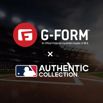 The G-Form Alpha Batter's Elbow Guard: AEP132, featuring innovative SmartFlex technology, is highlighted as the official MLB elbow guard, with G-Form and MLB logos displayed over a baseball field background.