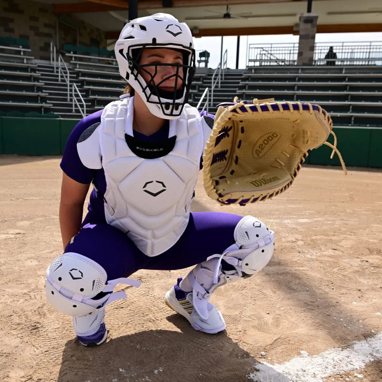 A softball catcher in full protective gear squats on a dirt field, holding a catcher’s mitt up and looking forward. Empty stadium seats and a covered dugout are visible in the background.