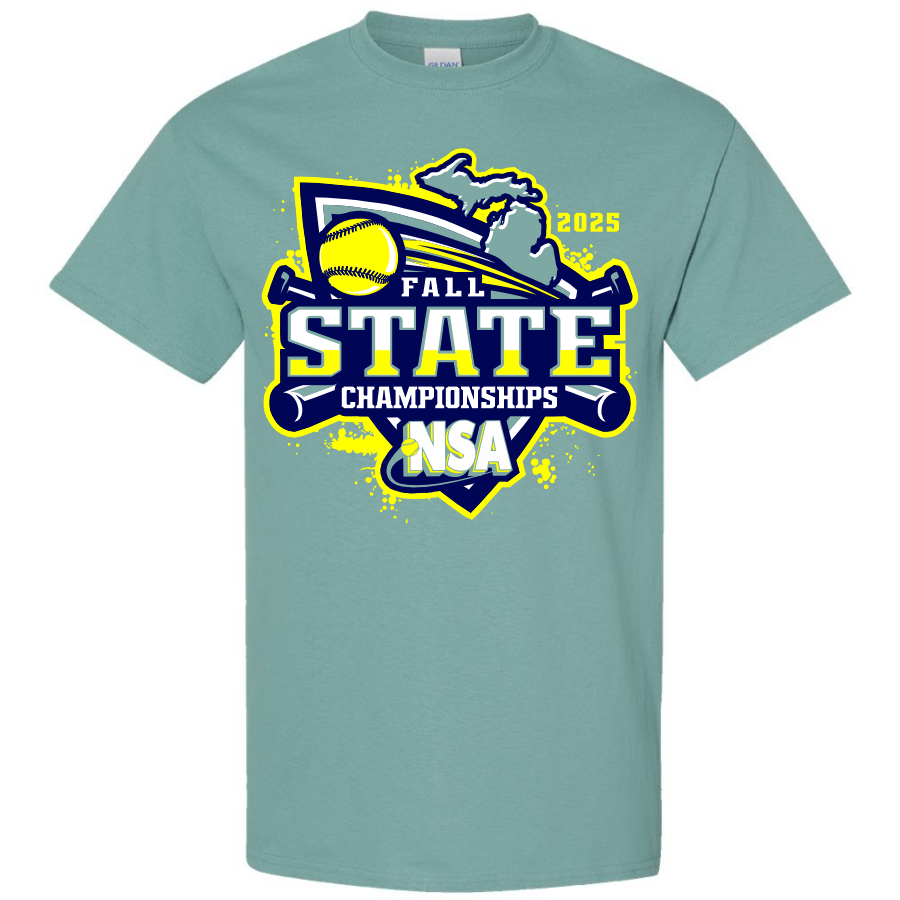 The DSG Apparel 2025 NSA Fall State Championships Fastpitch Tournament T-Shirt features a light green design with softball, crossed bats, and Michigan outline in blue, yellow, and white. Pre-order your official NSA shirt today!.