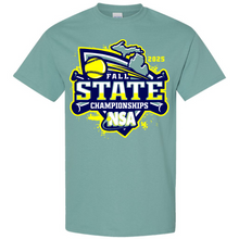 The DSG Apparel 2025 NSA Fall State Championships Fastpitch Tournament T-Shirt features a light green design with softball, crossed bats, and Michigan outline in blue, yellow, and white. Pre-order your official NSA shirt today!.