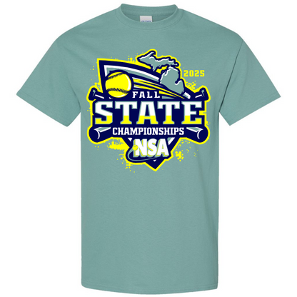 The DSG Apparel 2025 NSA Fall State Championships Fastpitch Tournament T-Shirt features a light green design with softball, crossed bats, and Michigan outline in blue, yellow, and white. Pre-order your official NSA shirt today!.