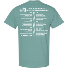 Back of a teal DSG Apparel 2025 NSA Fall State Championships Fastpitch Tournament T-Shirt features age divisions and team names in white, plus NSA and PlayNSA.com logos—a must-have for the Michigan softball event.