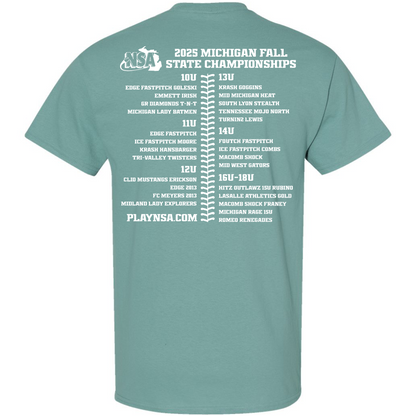 Back of a teal DSG Apparel 2025 NSA Fall State Championships Fastpitch Tournament T-Shirt features age divisions and team names in white, plus NSA and PlayNSA.com logos—a must-have for the Michigan softball event.