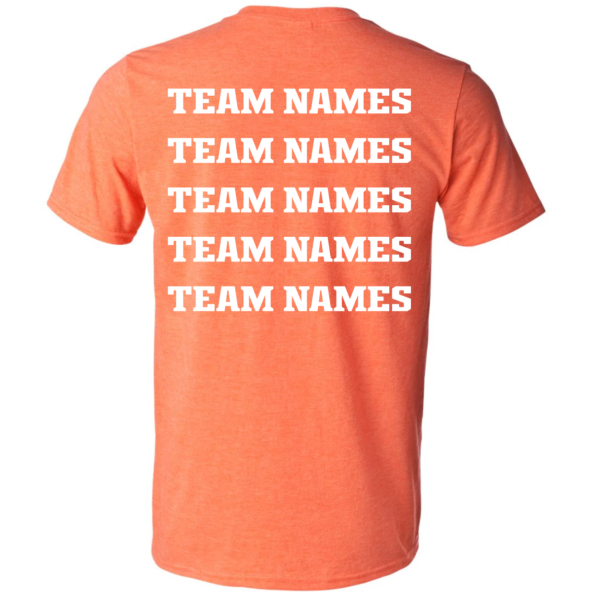Back view of an orange dry fit 2027 NSA Fastpitch Challenge Fastpitch Tournament Shirt featuring five lines of white text stacked vertically.