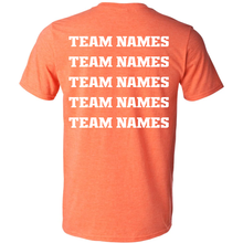 Back view of an orange dry fit 2027 NSA Fastpitch Challenge Fastpitch Tournament Shirt featuring five lines of white text stacked vertically.