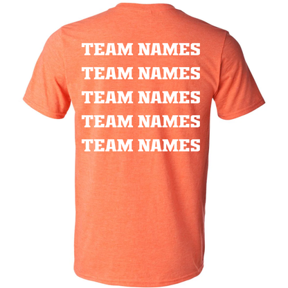 Back view of an orange dry fit 2027 NSA Fastpitch Challenge Fastpitch Tournament Shirt featuring five lines of white text stacked vertically.