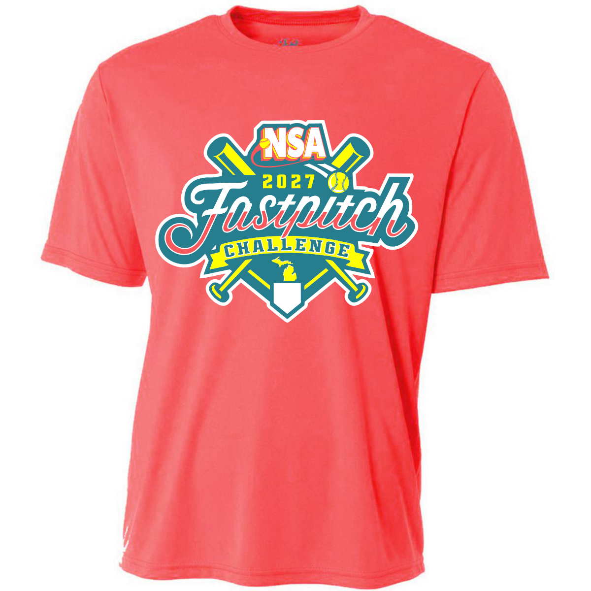 Coral-colored DSG Apparel 2027 NSA Fastpitch Challenge Fastpitch Tournament Shirt with a chest graphic of crossed bats and a home plate.