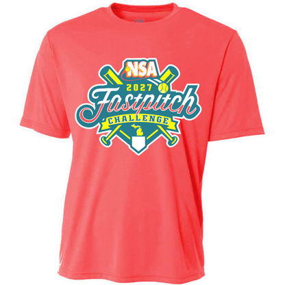 Coral-colored DSG Apparel 2027 NSA Fastpitch Challenge Fastpitch Tournament Shirt with a chest graphic of crossed bats and a home plate.
