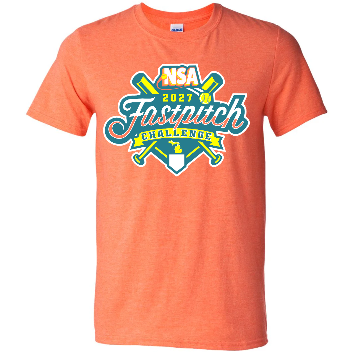 Heather orange 2027 NSA Fastpitch Challenge Fastpitch Tournament Shirt featuring a chest logo with crossed bats, a softball, and a map outline of Michigan.