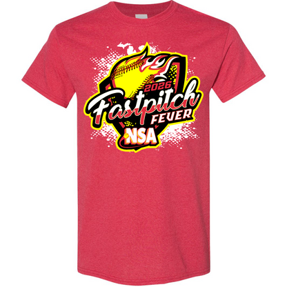 The 2026 NSA Fastpitch Fever Tournament Shirt by DSG Apparel is a red pre-order tee with a bold yellow softball graphic, 2026 Fastpitch Fever and NSA text, plus dynamic white splatter and design accents.