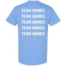 Back view of a light blue cotton blend 2027 NSA Fastpitch Fever Fastpitch Tournament Shirt featuring the words TEAM NAMES printed in five stacked white rows.