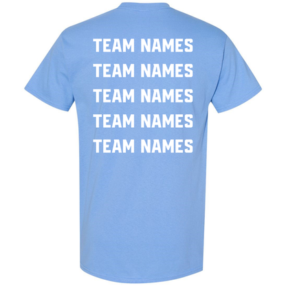 Back view of a light blue cotton blend 2027 NSA Fastpitch Fever Fastpitch Tournament Shirt featuring the words TEAM NAMES printed in five stacked white rows.