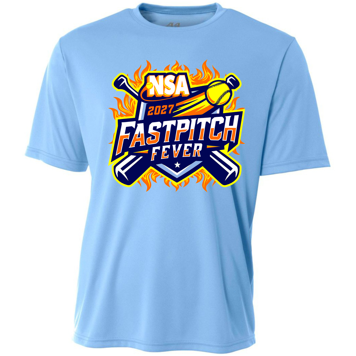 Light blue 2027 NSA Fastpitch Fever Fastpitch Tournament Shirt featuring a graphic of two crossed bats, a softball, and stylized flames.