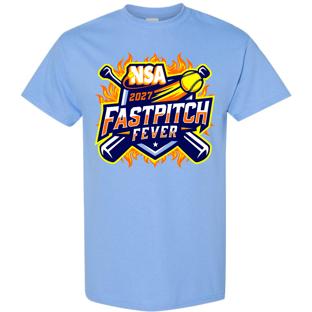 Light blue short-sleeve 2027 NSA Fastpitch Fever Fastpitch Tournament shirt featuring a graphic with crossed bats, a softball, and flames.
