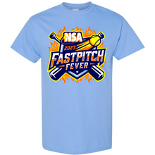 Light blue short-sleeve 2027 NSA Fastpitch Fever Fastpitch Tournament shirt featuring a graphic with crossed bats, a softball, and flames.