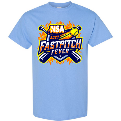 Light blue short-sleeve 2027 NSA Fastpitch Fever Fastpitch Tournament shirt featuring a graphic with crossed bats, a softball, and flames.