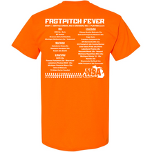 The 2024 NSA Fastpitch Fever Tournament T-Shirt by DSG Apparel comes in bold Safety Orange. The back has white event details, teams, schedule, the NSA softball logo, and player silhouettes on the lower right. Classic fit.