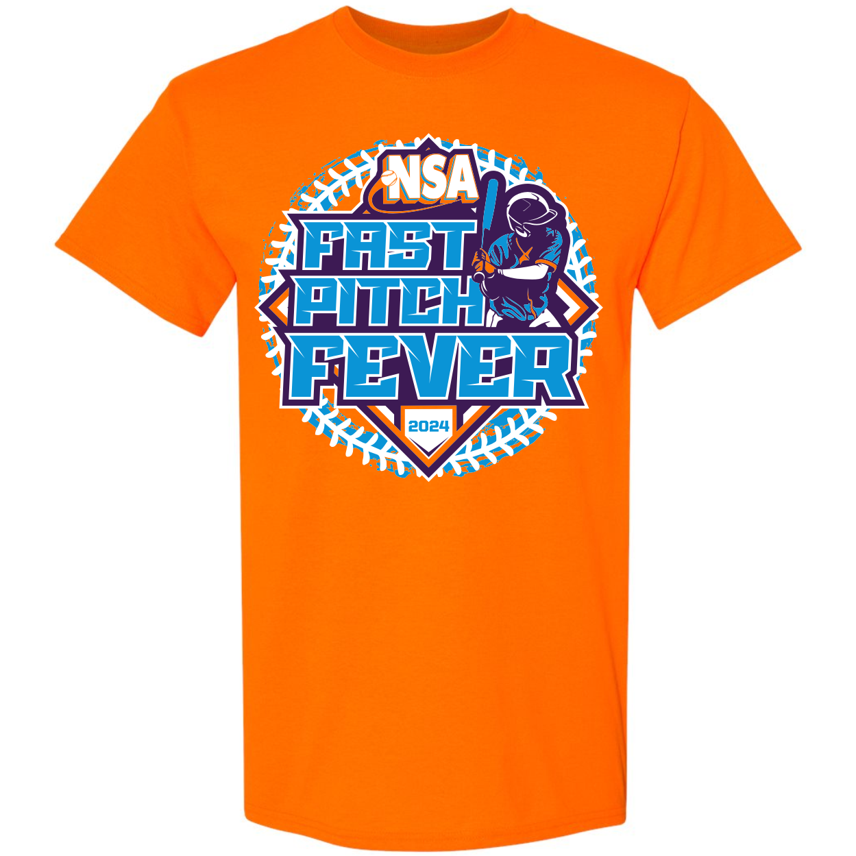 The DSG Apparel 2024 NSA Fastpitch Fever Fastpitch Tournament T-Shirt features a classic fit in Safety Orange with "NSA Fast Pitch Fever 2024," a blue softball stitch graphic, and a batter silhouette.