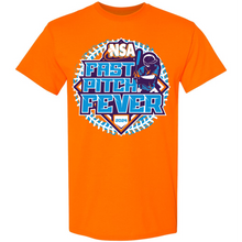 The DSG Apparel 2024 NSA Fastpitch Fever Fastpitch Tournament T-Shirt features a classic fit in Safety Orange with "NSA Fast Pitch Fever 2024," a blue softball stitch graphic, and a batter silhouette.