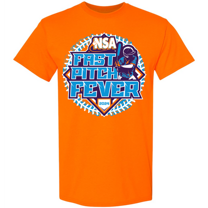 The DSG Apparel 2024 NSA Fastpitch Fever Fastpitch Tournament T-Shirt features a classic fit in Safety Orange with "NSA Fast Pitch Fever 2024," a blue softball stitch graphic, and a batter silhouette.