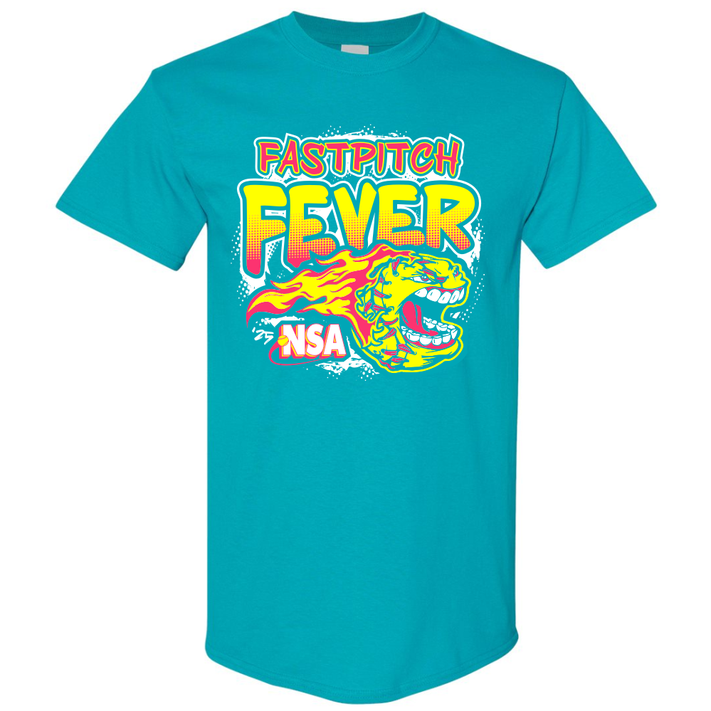 Pre-order the 2025 NSA Fastpitch Fever Fastpitch Tournament T-Shirt by DSG Apparel, featuring a vibrant turquoise design with "FASTPITCH FEVER" above a flaming yellow softball with an open mouth and "NSA" printed on the ball.
