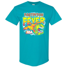Pre-order the 2025 NSA Fastpitch Fever Fastpitch Tournament T-Shirt by DSG Apparel, featuring a vibrant turquoise design with "FASTPITCH FEVER" above a flaming yellow softball with an open mouth and "NSA" printed on the ball.
