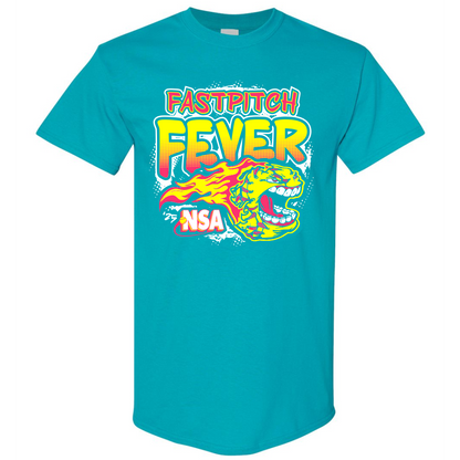 Pre-order the 2025 NSA Fastpitch Fever Fastpitch Tournament T-Shirt by DSG Apparel, featuring a vibrant turquoise design with "FASTPITCH FEVER" above a flaming yellow softball with an open mouth and "NSA" printed on the ball.
