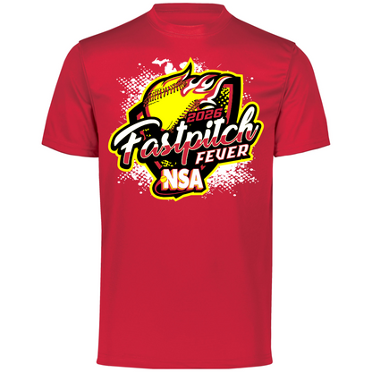The 2026 NSA Fastpitch Fever Fastpitch Tournament Shirt by DSG Apparel features a red design with a bold yellow softball, “2026 Fastpitch Fever” text, NSA logo, and white and yellow splatter accents—perfect for fastpitch fans! Pre-order now.