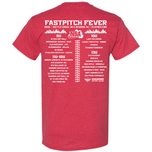 Pre-order the 2026 NSA Fastpitch Fever Tournament Shirt by DSG Apparel—a red cotton blend tee with white back text listing event details and team names by age groups: 9U, 10U, 11U-12U, and 13U.