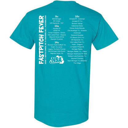 The 2025 NSA Fastpitch Fever Tournament T-Shirt by DSG Apparel features FASTPITCH FEVER, team names, game times, and the NSA logo on the back. Pre-order now from our exclusive collection—perfect for fans!.