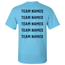 Back view of a light blue 2027 NSA Firecracker Xplosion Fastpitch Tournament Shirt by DSG Apparel featuring five lines of dark blue text that each read TEAM NAMES.