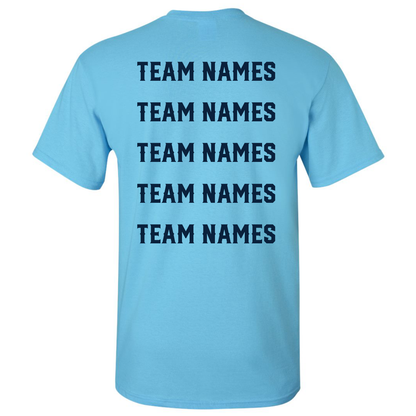 Back view of a light blue 2027 NSA Firecracker Xplosion Fastpitch Tournament Shirt by DSG Apparel featuring five lines of dark blue text that each read TEAM NAMES.