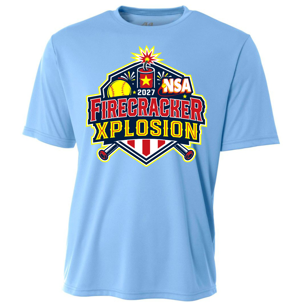 Sky blue 2027 NSA Firecracker Xplosion Fastpitch Tournament short-sleeve shirt featuring a graphic of a firecracker, a softball, and two crossed bats.