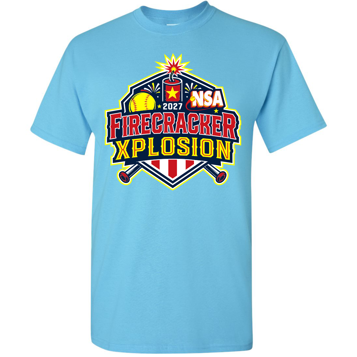 Sky blue short-sleeved 2027 NSA Firecracker Xplosion Fastpitch Tournament Shirt featuring a graphic with a softball, a firecracker, crossed bats, and the text 2027 NSA Firecracker Xplosion.