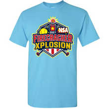 Sky blue short-sleeved 2027 NSA Firecracker Xplosion Fastpitch Tournament Shirt featuring a graphic with a softball, a firecracker, crossed bats, and the text 2027 NSA Firecracker Xplosion.