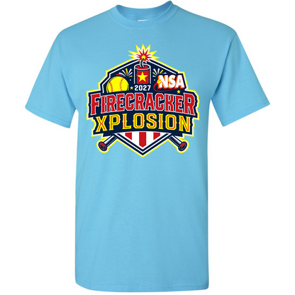 Sky blue short-sleeved 2027 NSA Firecracker Xplosion Fastpitch Tournament Shirt featuring a graphic with a softball, a firecracker, crossed bats, and the text 2027 NSA Firecracker Xplosion.