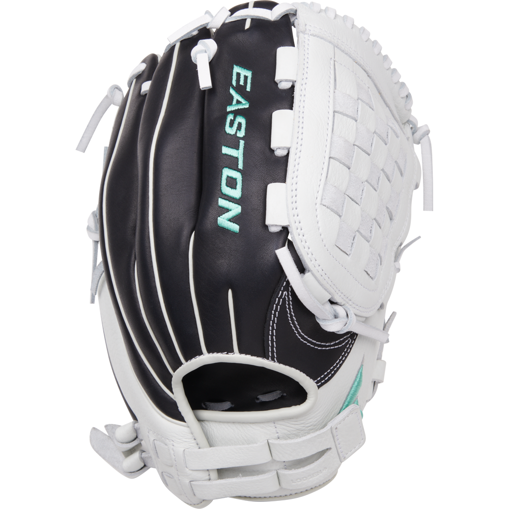 The Easton Fundamental 12.5" Fastpitch Softball Glove (FMFP125B) is a black and white glove with teal lettering, featuring woven webbing and laced details.