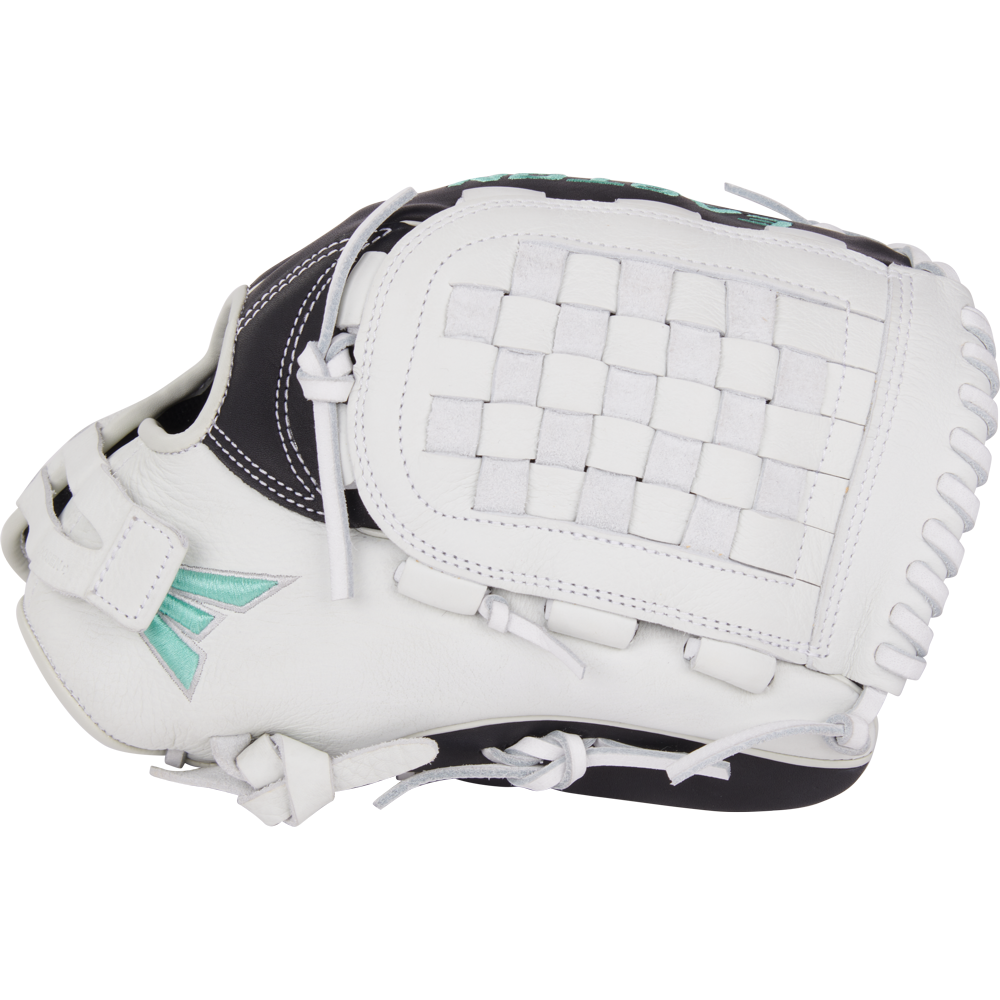 The Easton Fundamental 12.5" Fastpitch Softball Glove: FMFP125B features a white and black design with teal accents, woven web pattern, and is shown closed from the side.