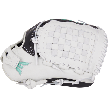 The Easton Fundamental 12.5" Fastpitch Softball Glove: FMFP125B features a white and black design with teal accents, woven web pattern, and is shown closed from the side.
