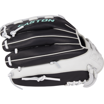 A black and white Easton Fundamental 12.5" Fastpitch Softball Glove (FMFP125B) with white laces and teal EASTON branding on top, shown closed from a side view.