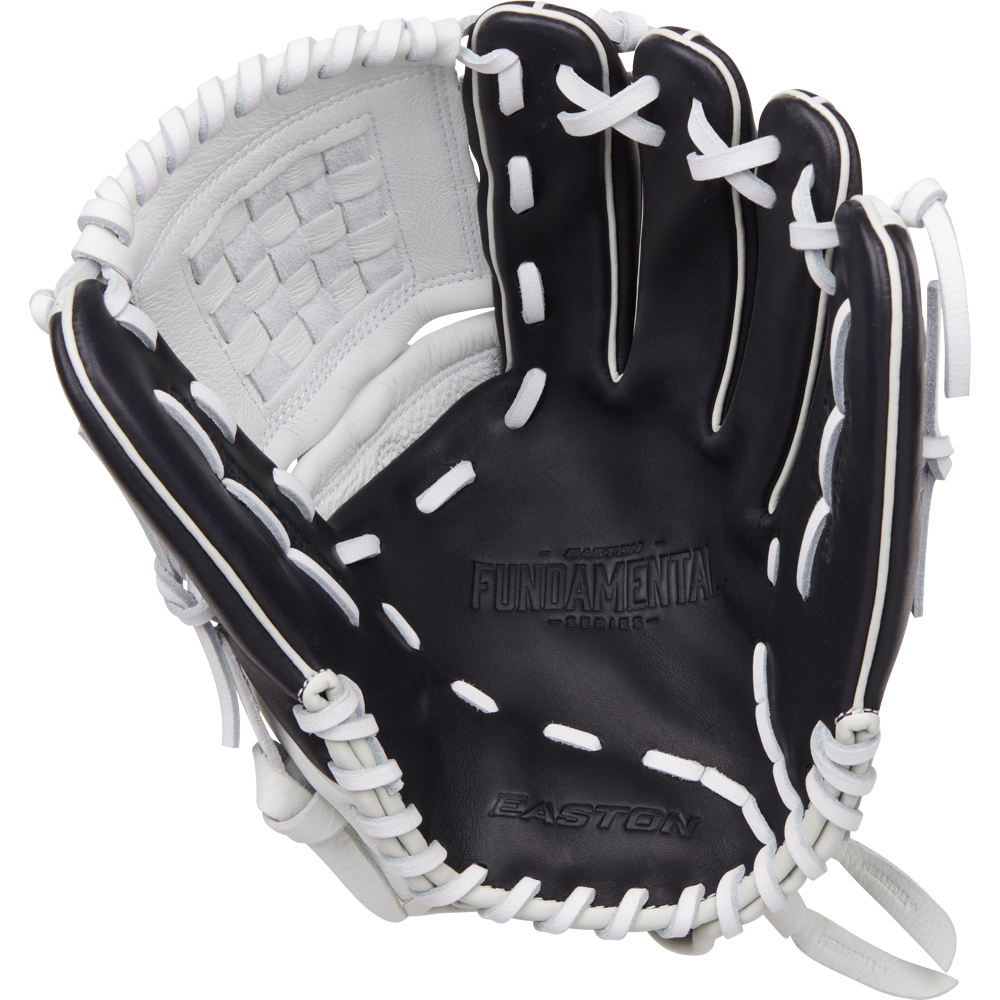 The Easton Fundamental 12" Fastpitch Softball Glove (FMFP12B) features black and white oil-tanned cowhide leather, white laces, an open palm with embossed Easton branding, webbing, and an adjustable closure system.